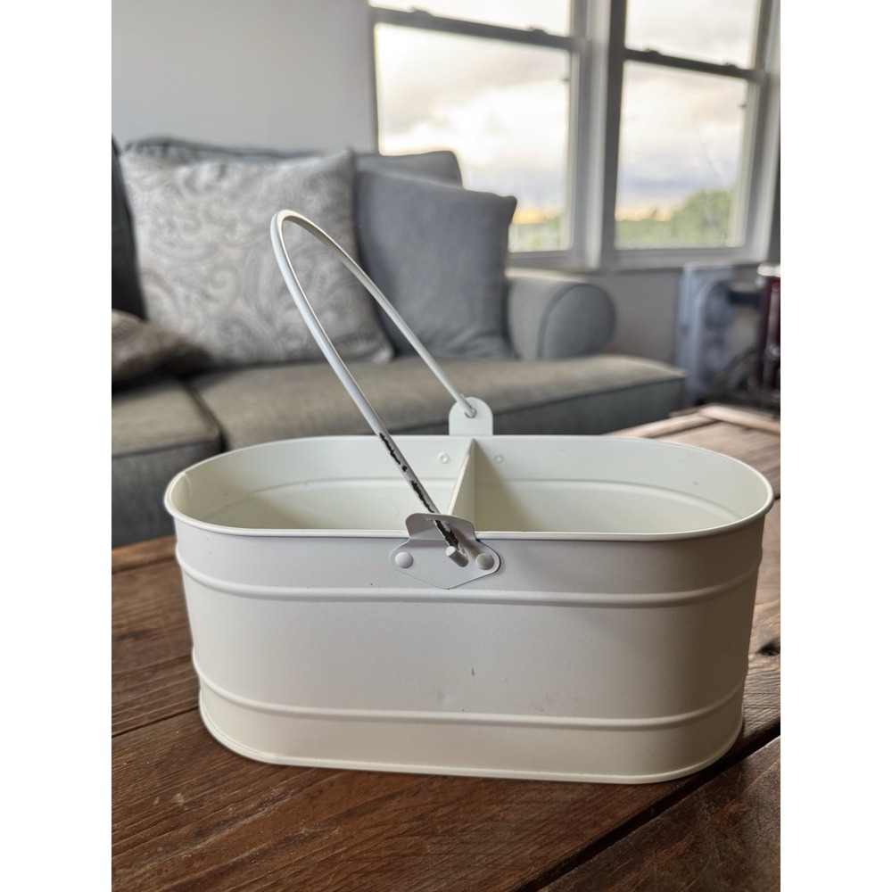 Cute White Metal Caddy Organizer Storage Container Farmhouse Cottage Country